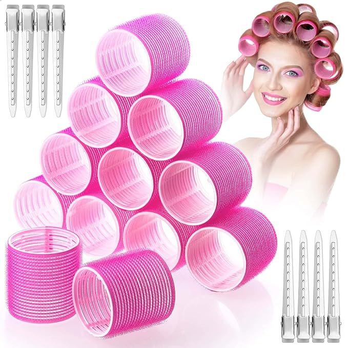 Jumbo Hair Curlers Rollers,24PcsSet with 12 Hair Curlers Self Grip Holding Rollers and 12 Stainle... | Amazon (US)
