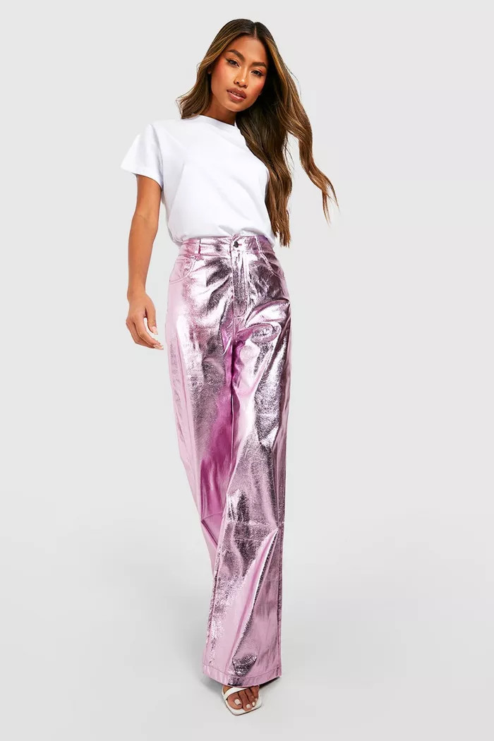 High Waisted Metallic Full Length Pants | Boohoo.com (US & CA)