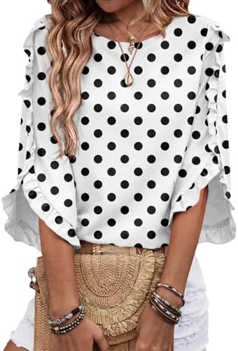 EVALESS 3/4 Length Sleeve Womens Tops Dressy Casual Blouses Crewneck Ruffle Sleeve Shirts Spring ... | Amazon (US)