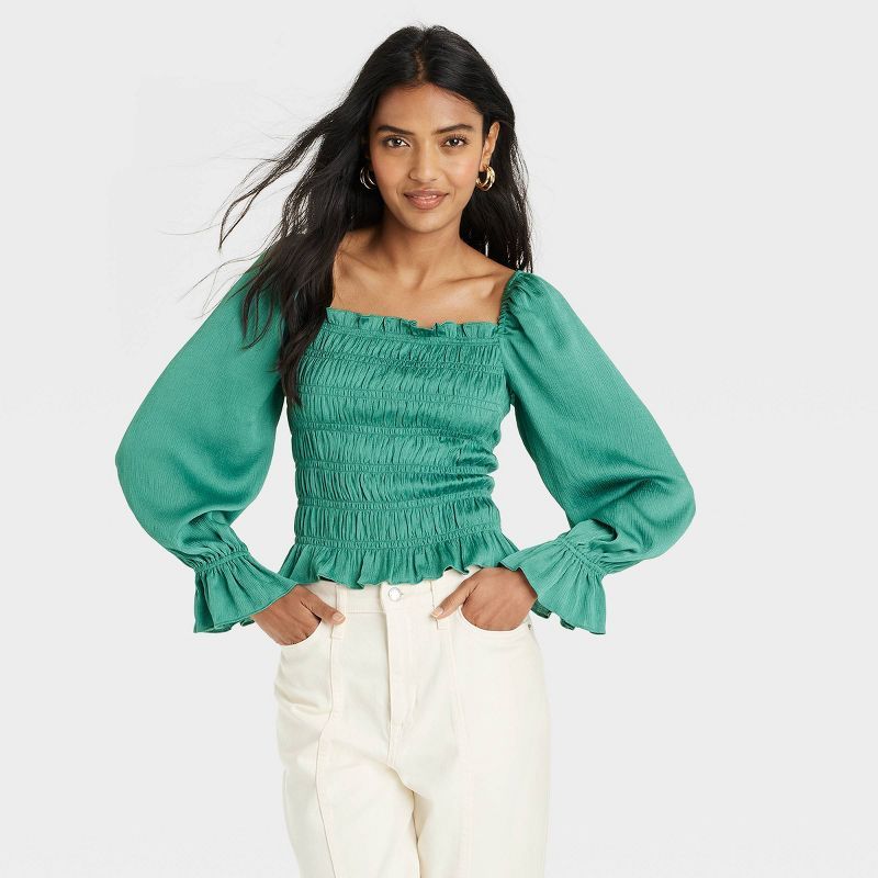 Women&#39;s Puff Long Sleeve Slim Fit Smocked Top - A New Day&#8482; Teal Green S | Target