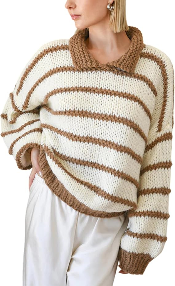 Lentta Womens Striped Sweater Crewneck Drop Shoulder Long Balloon Sleeve Oversized Knit Pullover | Amazon (US)