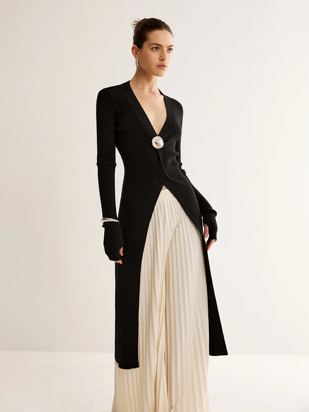 Metal Decor Split Knit Long Top | Commense