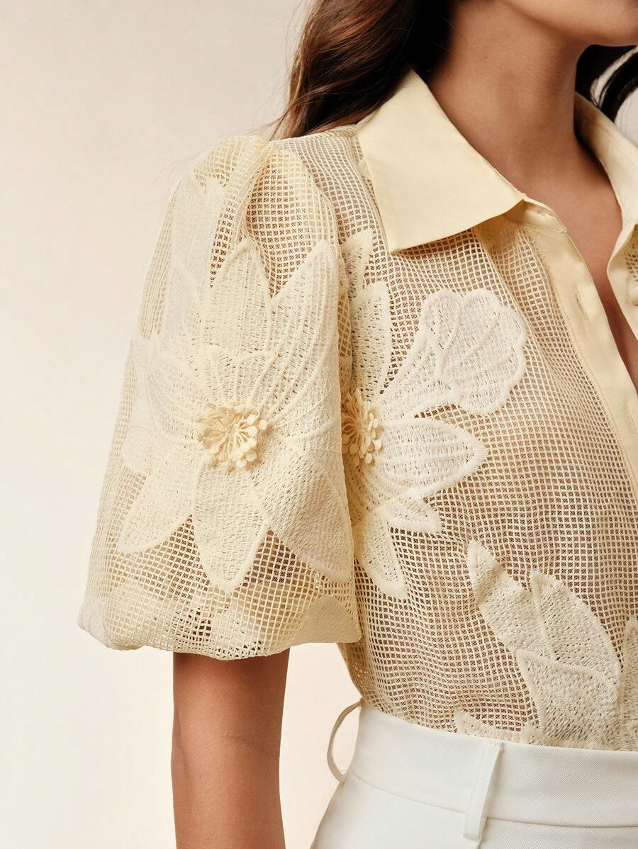 Anewsta Solid Color Hollow-Out Sexy Short Sleeve Blouse For Women, Elegant For Spring, Summer, Va... | SHEIN