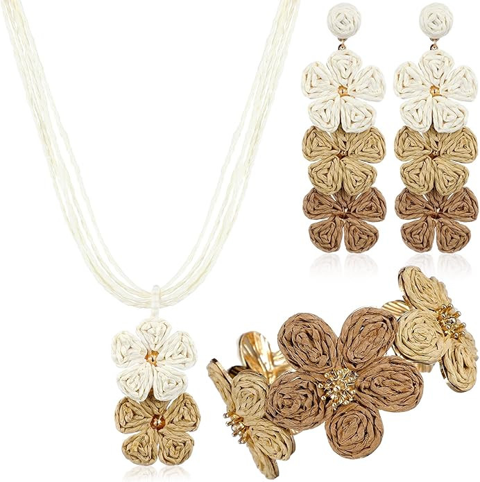 3 Pcs Raffia Jewelry Set for Women Boho Daisy Flower Necklace, Open Cuff Bracelet, Earrings, Gift... | Amazon (US)