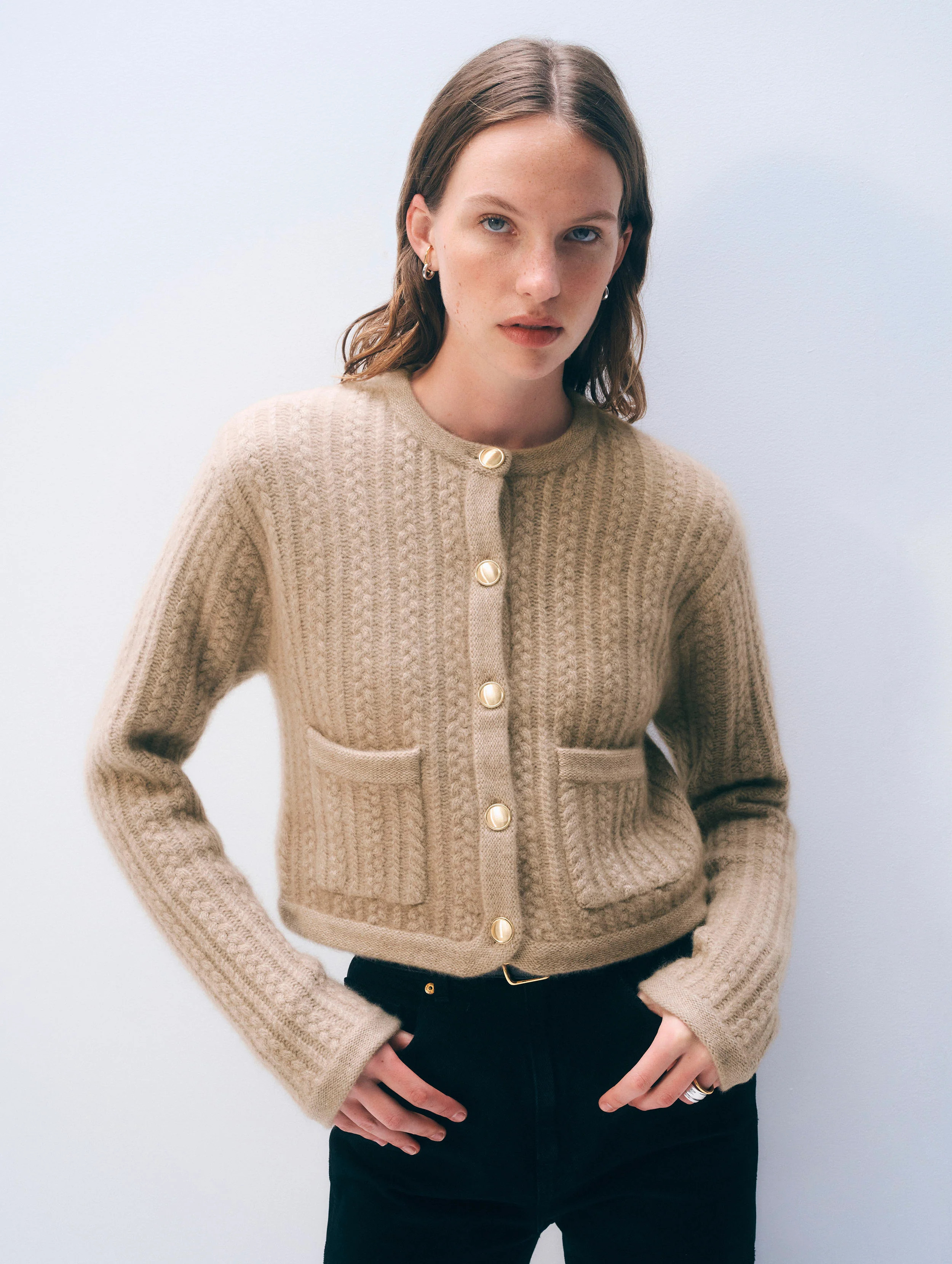 Cashmere Luxe Cable Cardigan | Taupe Heather | White and Warren