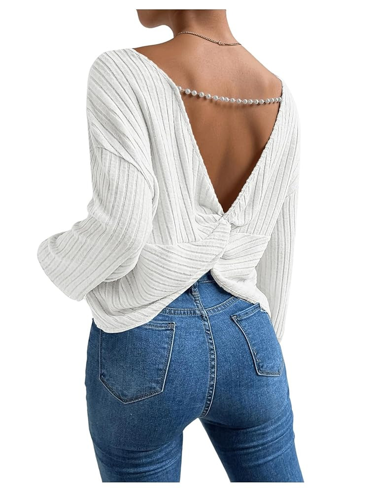 MakeMeChic Women's Fall Sweater V Neck Criss Cross Twisted Back Sweaters Long Sleeve Shirts Knit ... | Amazon (US)