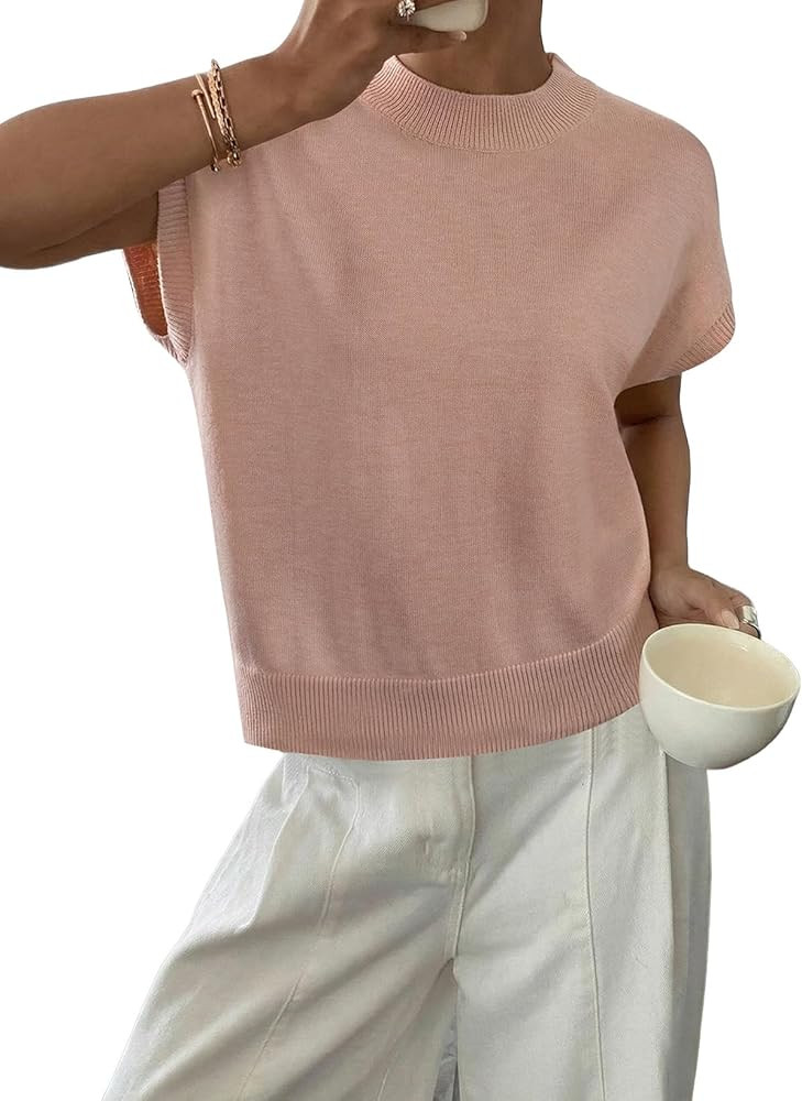 BLENCOT Womens Cap Sleeve Sweaters Summer Casual Short Sleeve Knit Tank Tops Loose Fit Crew Neck ... | Amazon (US)