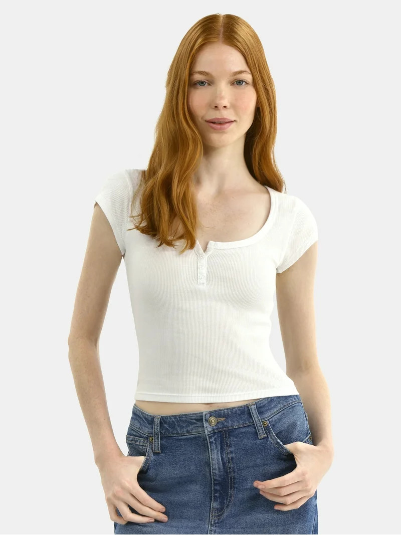 No Boundaries Cotton Henley Tee, Women's | Walmart (US)