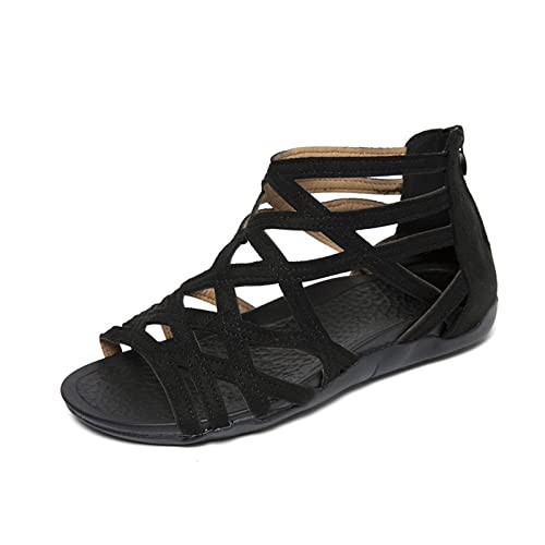 Women'S Cross Strappy Stylish Sandal Back Zipper Solid Orthopedic Sandals Breathe Summer Spring Flats Open Toe Shoe Womens Dress Flat Black Wedge | Amazon (US)