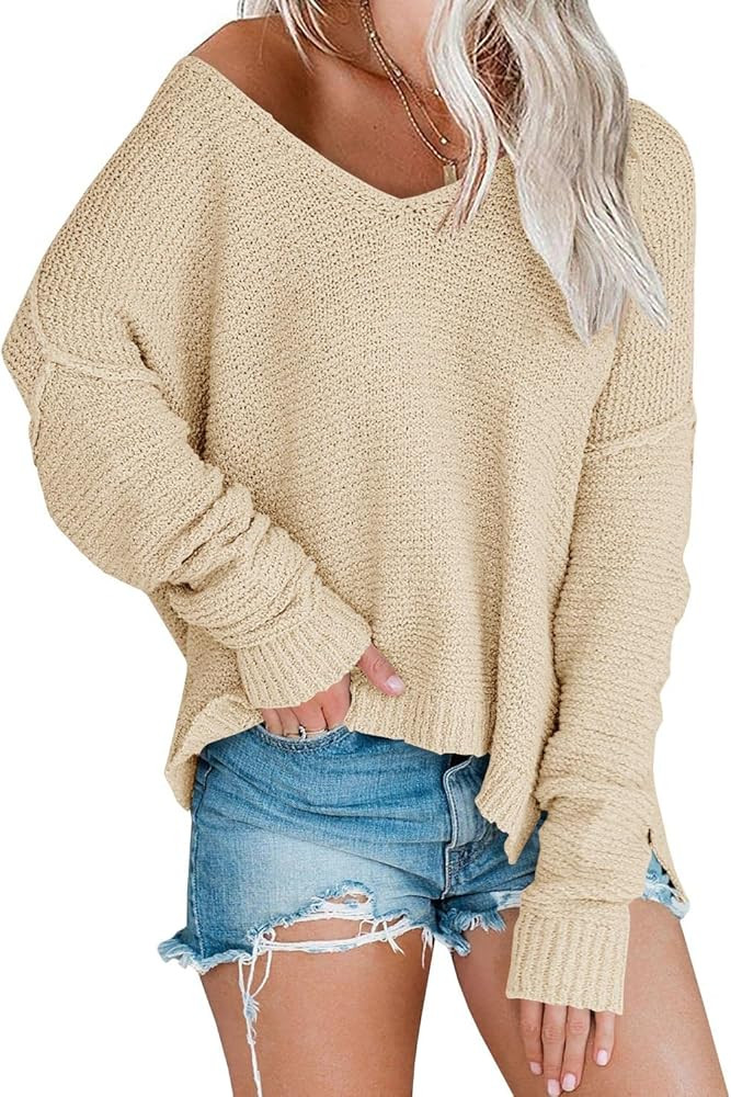 Women’s Off Shoulder Knit Sweaters Oversized V Neck Long Sleeve Loose Lightweight Pullover Tops | Amazon (US)