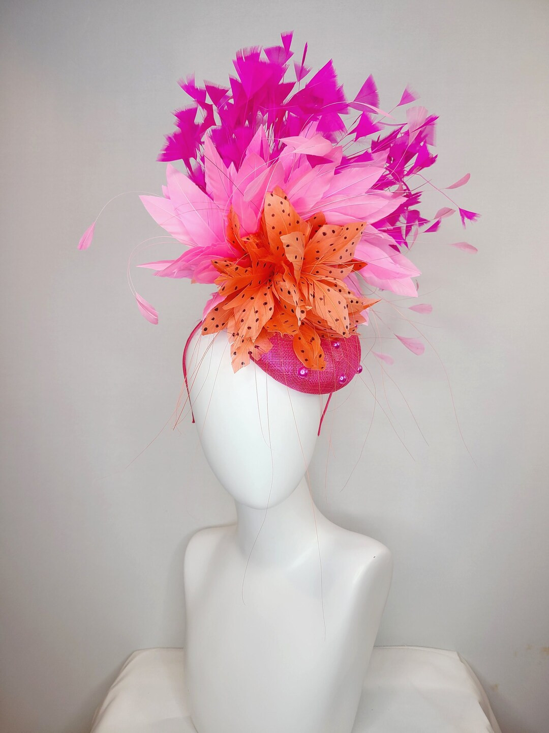 kentucky derby hat fascinator fuchsia pink sinamay and feathers with light pink feather and orang... | Etsy (US)