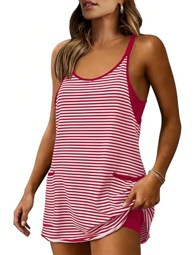 Amazon.com: Zhiyouni Women's Summer Athletic Mini Dress Sleeveless V Neck Built-in Shorts Striped... | Amazon (US)