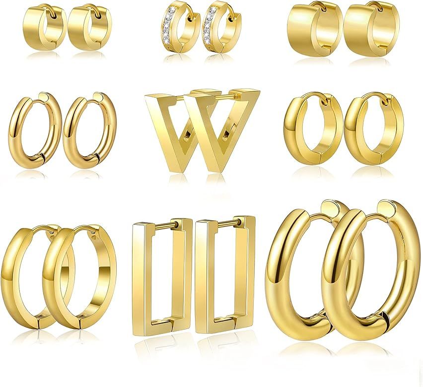 Amazon.com: Gold Hoop Earrings for Women, 9 Pairs Lightweight Chunky Hoop Earrings, Hypoallergeni... | Amazon (US)