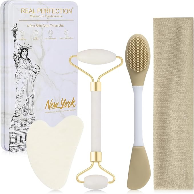 Real Perfection Gua Sha Facial Tools Face Roller for Wrinkles Jade Roller and Gua Sha Set, Scrubb... | Amazon (US)