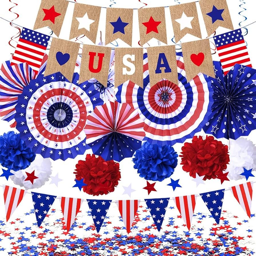4th of July Patriotic Decorations Set- Fourth of July American Flag Party Supplies, Red White Blu... | Amazon (US)