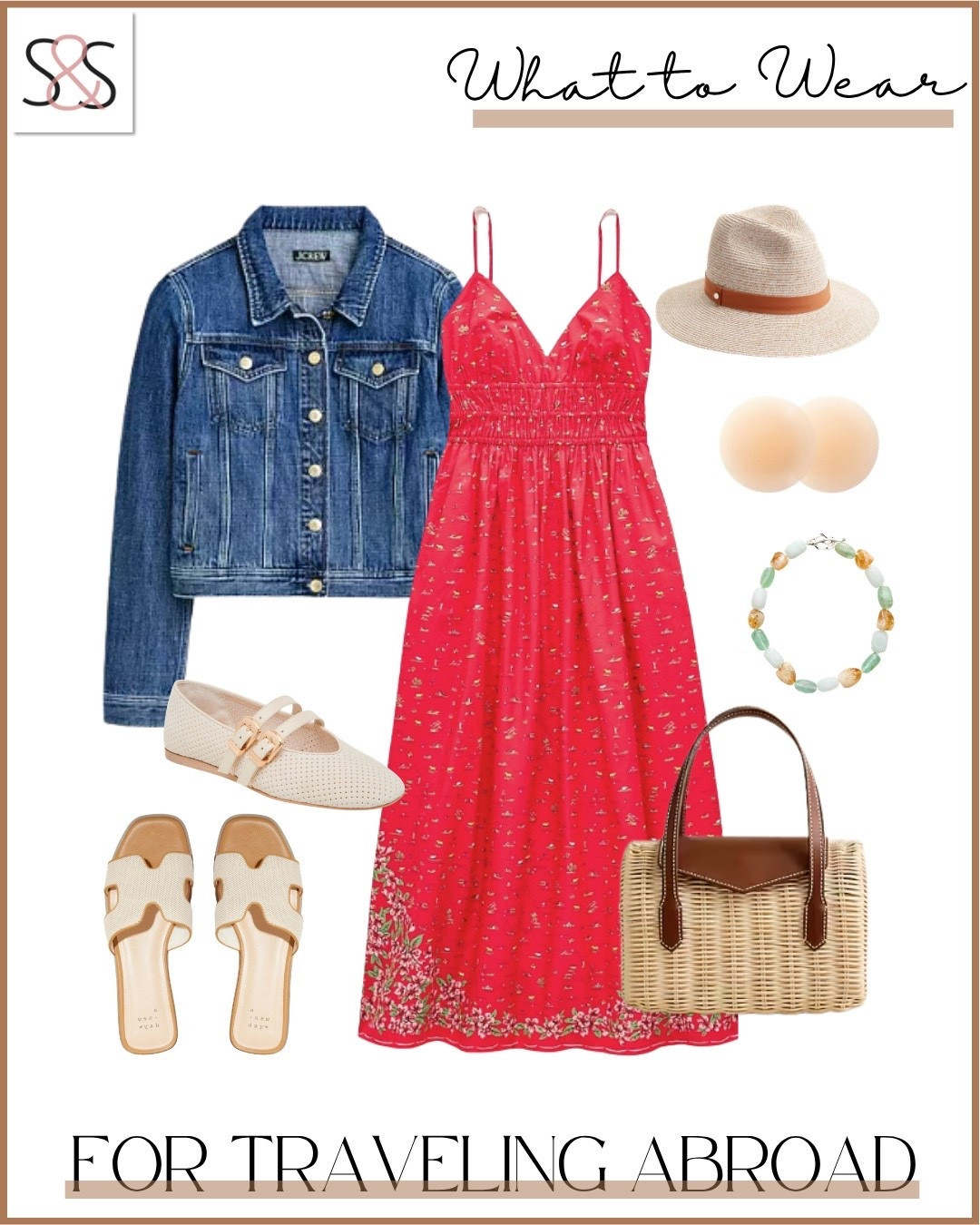 I'm packing smart with pieces that work from cobblestones to cocktails.

travel outfits abroad vacation dresses red midi dress denim jacket summer style wicker bag sandals flats comfortable walking shoes straw hat travel accessories versatile pieces mix and match wardrobe

#LTKWedding #LTKTravel #LTKOver40