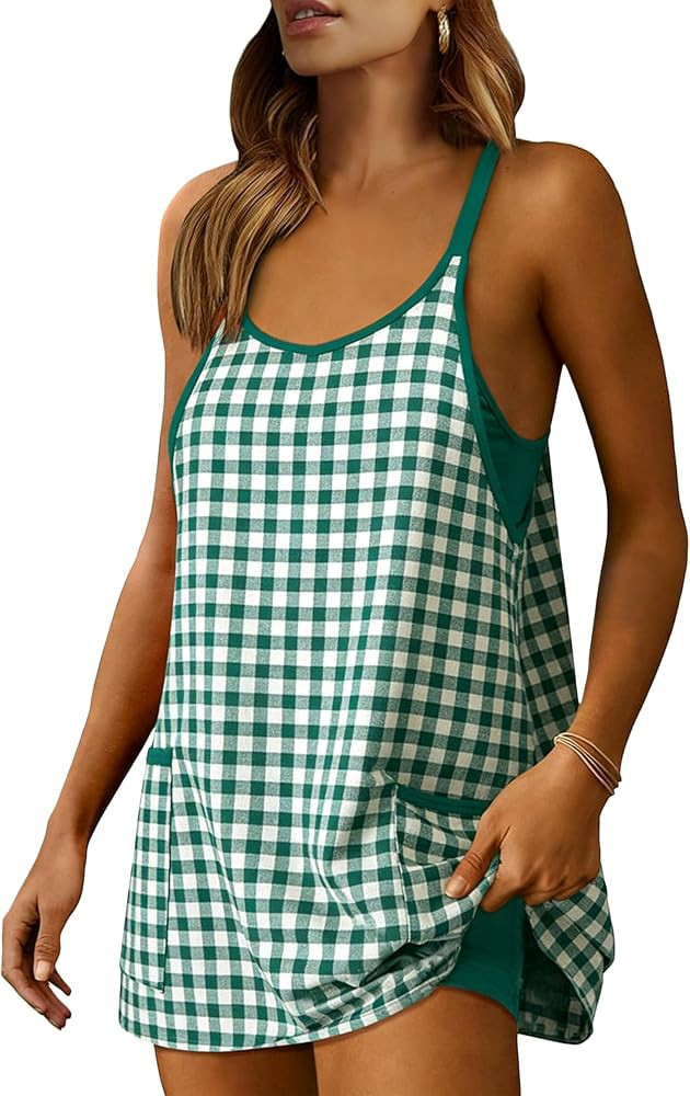 Faleave Women's Summer Sleeveless Mini Dress Gingham Spaghetti Strap Built-in Shorts V Neck Athle... | Amazon (US)