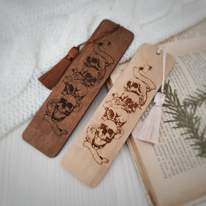 Floral skull bookmark Halloween wood book accessories Mystery engraved wooden book mark with tass... | Etsy (US)