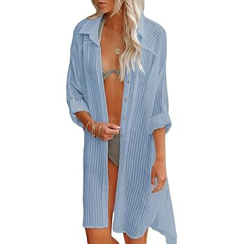 Dokotoo Womens 2023 Button Down Long Sleeve Side Split Swimsuit Swim Cover Ups Kimonos Cardigans ... | Amazon (US)