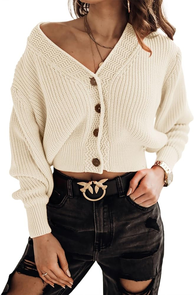 Febriajuce Women's Long Sleeve V-Neck Button Down Rib Knit Cropped Cardigan Sweater | Amazon (US)