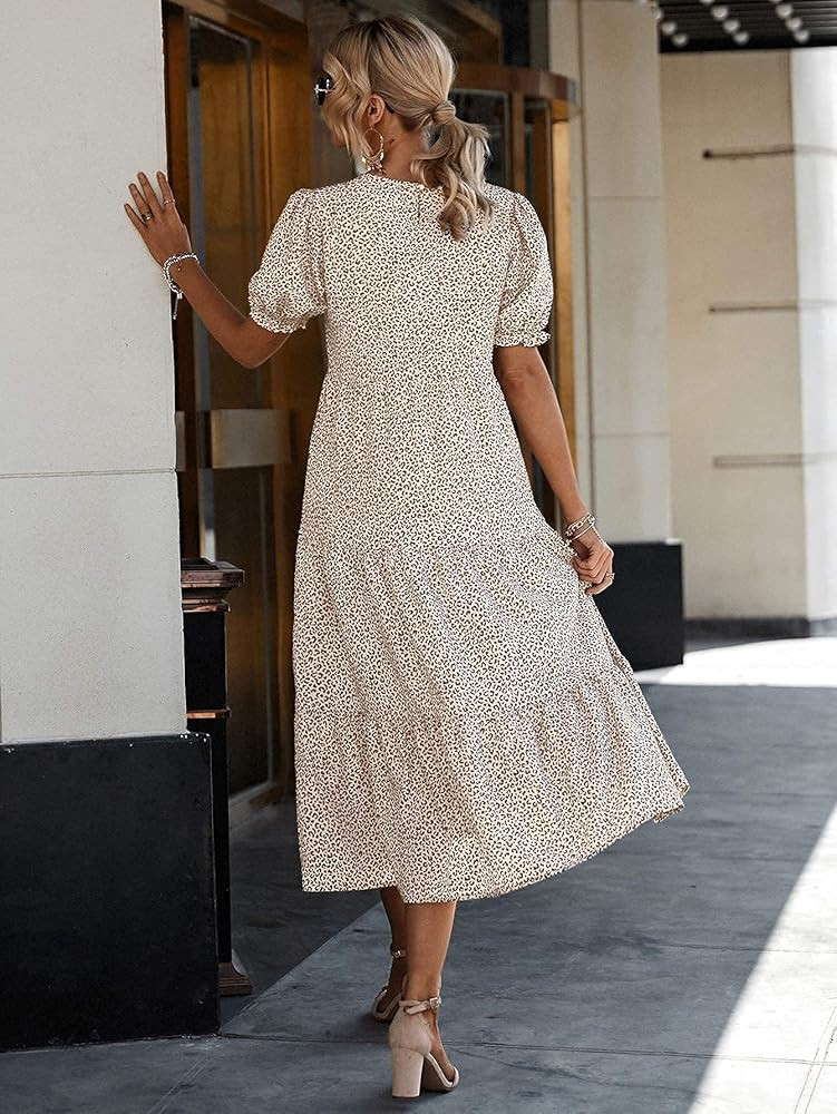 PRETTYGARDEN Women's Summer Casual Boho Dress Floral Print Ruffle Puff Sleeve High Waist Midi Beach  | Amazon (US)