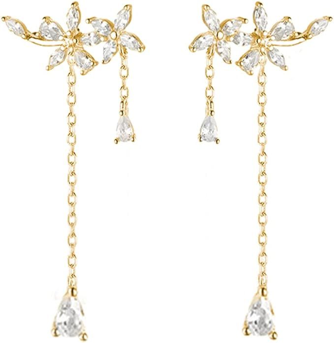 SLUYNZ 925 Sterling Silver CZ Flowers Wrap Earrings Dangle Chain for Women Girls Elegant Dangling... | Amazon (US)