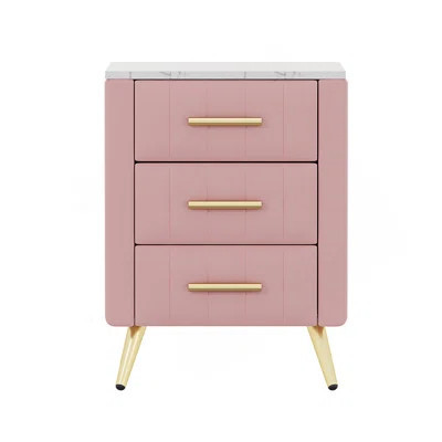 Upholstered Wooden Nightstand With 3 Drawers And Metal Legs&Handles, Bedside Table With Marbling Worktop | Wayfair North America
