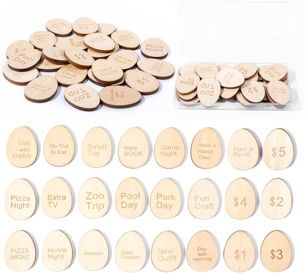 Easter Egg Tokens 24Pcs, Wooden Easter Reward Tokens Coins with 24 Different Engraved Sayings，E... | Amazon (US)