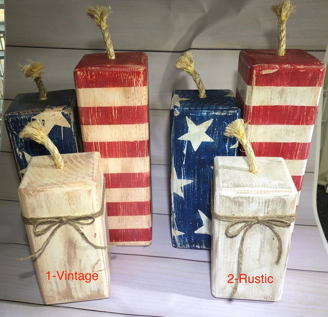 Wooden Rustic 4th of July Firecrackers, American Flag, Patriotic Wood Blocks Decor Display Americ... | Etsy (US)