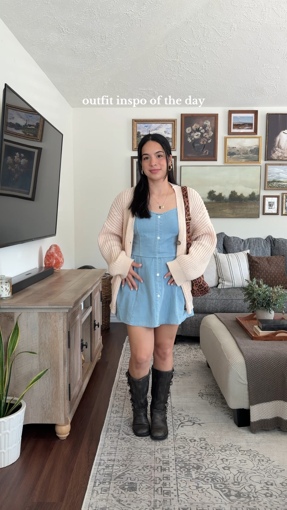 denim day 🩵 wearing the dress in a medium // cupshe discount code IGJESSI15 ✨ light blue romper, blue romper, denim romper, chambray romper, button front romper, shorts romper, cream cardigan, chunky cardigan, knit cardigan, oversized cardigan, beige cardigan, cardigan outfit, black knee high boots, knee high boots outfit, black boots, leopard print bag, leopard print tote, animal print bag, leopard print accessories, blue and cream outfit, neutral outfit, casual fall outfit, fall fashion, autumn outfit, transitional outfit, summer to fall outfit, spring outfit, cozy outfit, casual chic outfit, feminine outfit, everyday outfit, weekend outfit, cute casual outfit, layered outfit, western inspired outfit, western chic outfit, country chic outfit, boho outfit, cottagecore outfit, mom outfit, brunch outfit, shopping outfit, coffee date outfit, travel outfit, fall layering, LTK fashion, LTK outfit, outfit inspiration, cupshe dress 
 

 #LTKdayinmylife #LTKgrwm #LTKootd