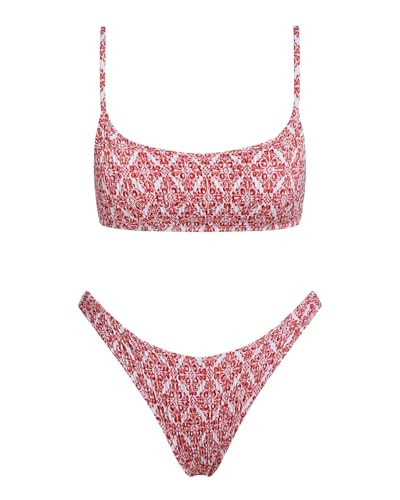 VOLAFA Women's Triangle Bikini Set Smocked Textured Scoop Frilled Print Ruched Elastic Swimsuit Two Piece Bathing Suit (Red3, Large) | Amazon (US)