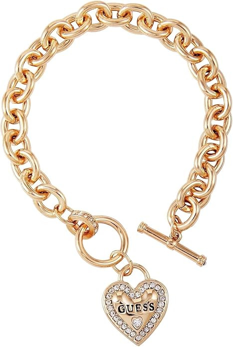 GUESS Goldtone Dangle Logo Heart Charm Chain Toggle Bracelet | Amazon (US)