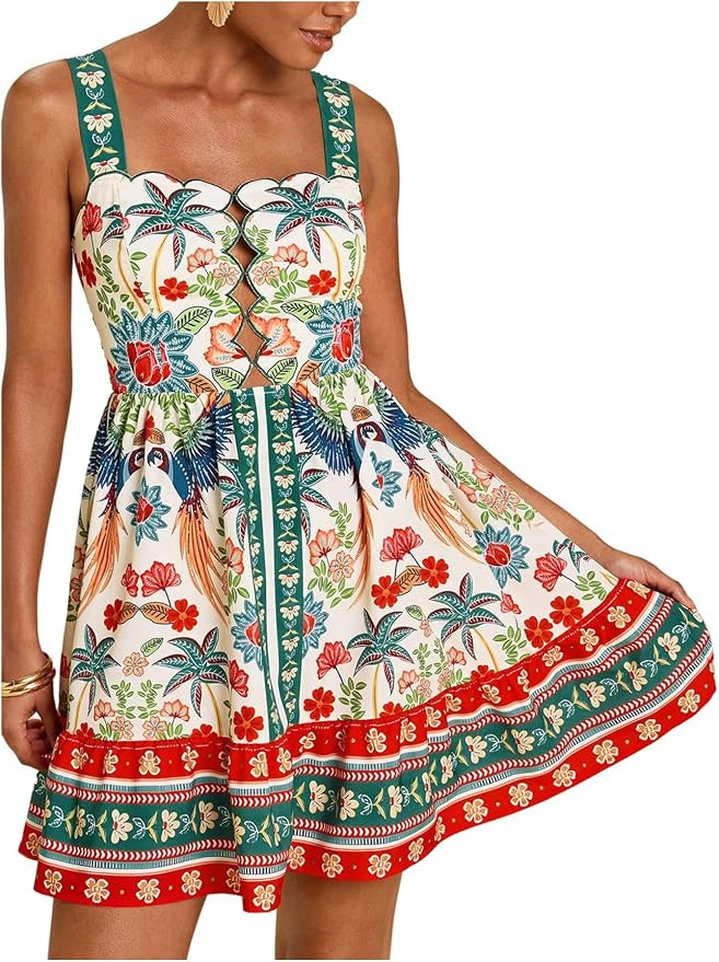 RoseSeek Women's Tropical Floral Print Mini Summer Dress Boho Sun Dresses | A Line, Hollow Out Fr... | Amazon (US)