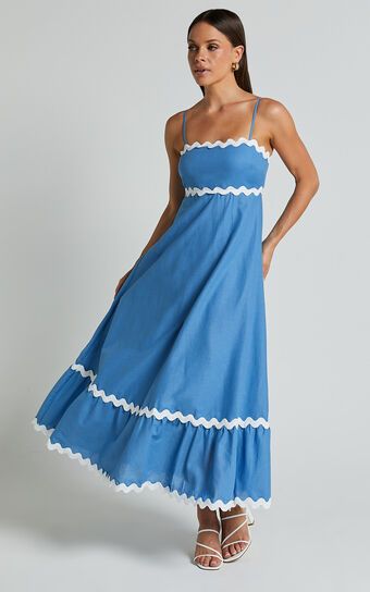 Moriseth Midi Dress - Linen Look Sleeveless Fit Flare Dress in Blue | Showpo (ANZ)