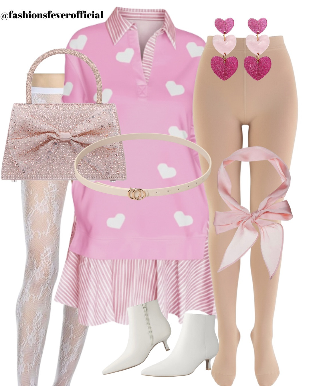 Soft pinks, heart details, and cozy winter layers come together for the ultimate Valentine’s Day outfit. This heart-print pink sweater dress layered over a striped hem gives the look a playful yet polished vibe. Styled with sheer white lace tights and classic white ankle boots, it’s equal parts feminine and festive.

The rhinestone bow handbag adds a touch of sparkle, while the slim neutral belt defines the waist beautifully. Finished with statement heart earrings and a silky pink neck scarf, this look is perfect for a Valentine’s brunch, coffee date, or a cozy café outing.

A romantic winter outfit that feels cute, classy, and totally Valentine-approved 💘
#LTKFashion #LTKStyletip

#LTKValentine #LTKootd #LTKSeasonal