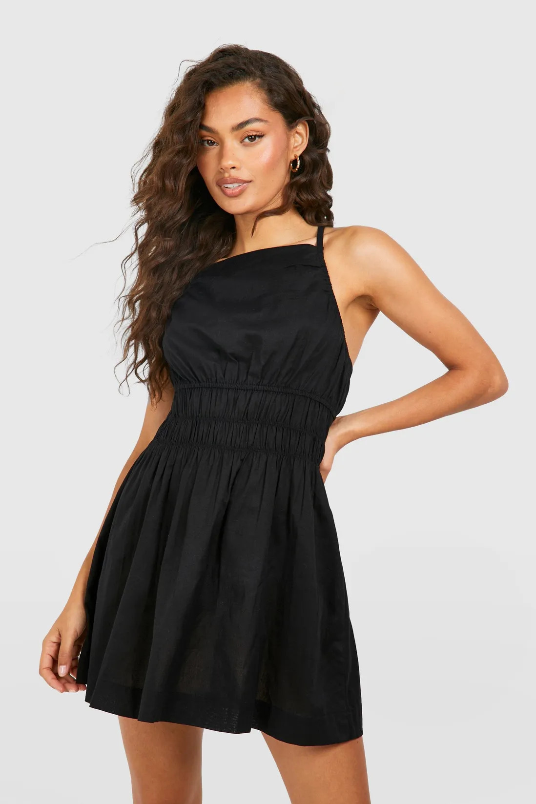 Strappy Linen Look Shirred Waist Mini Dress | boohoo (US & Canada)