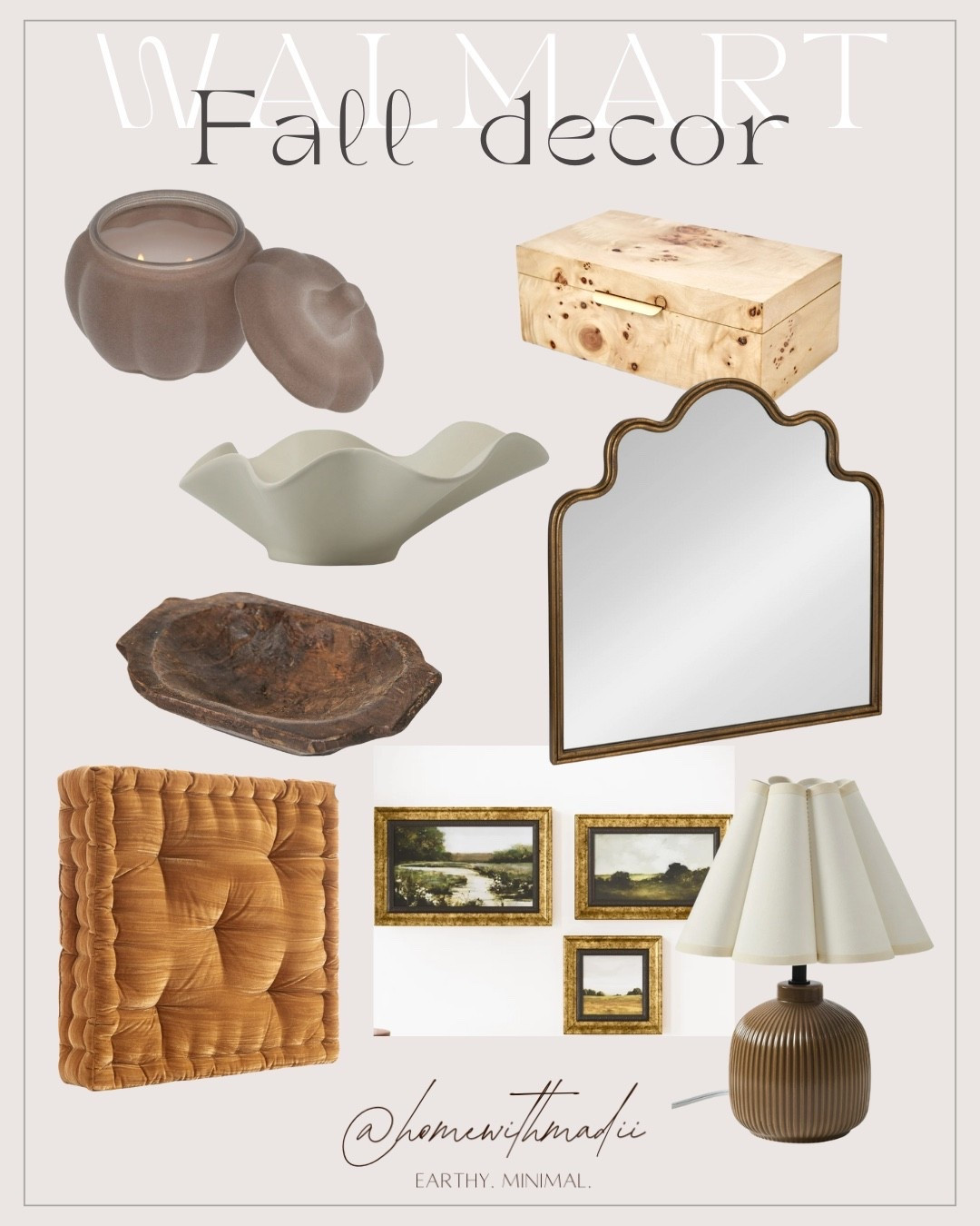 There’s SO many good good Fall pieces at Walmart right now!!

burl wood decor storage box, wavy arch mirror, organic shape bowl, pumpkin glass candle, gold floor cushion, Fall wall art, 3 piece wall art collage

#LTKFindsUnder50 #LTKHome #LTKSeasonal