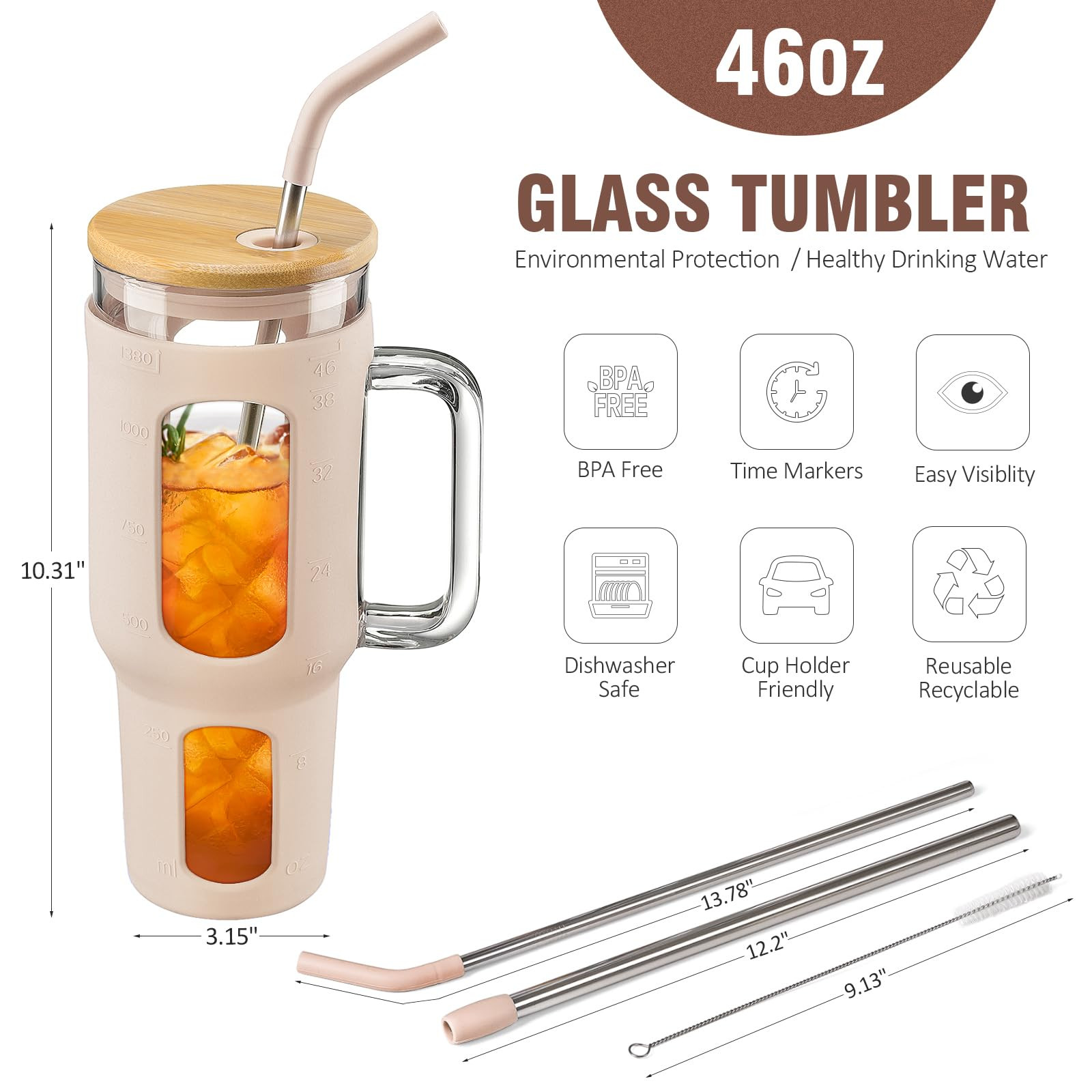 WINSA Glass Tumbler with Lid and Straw, 46 oz Iced Coffee Cup with Handle, Large Water Bottles wi... | Amazon (US)