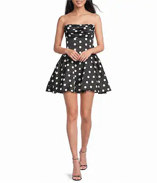 Satin Polka Dot Strapless Pleated Neck Lace Up Bow Back Dress | Dillard's