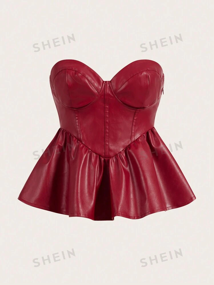 NewSHEIN Slayr 2024 New Casual Street-Style Red PU Sleeveless Cropped Ruffle Hem Bustier Top | SHEIN