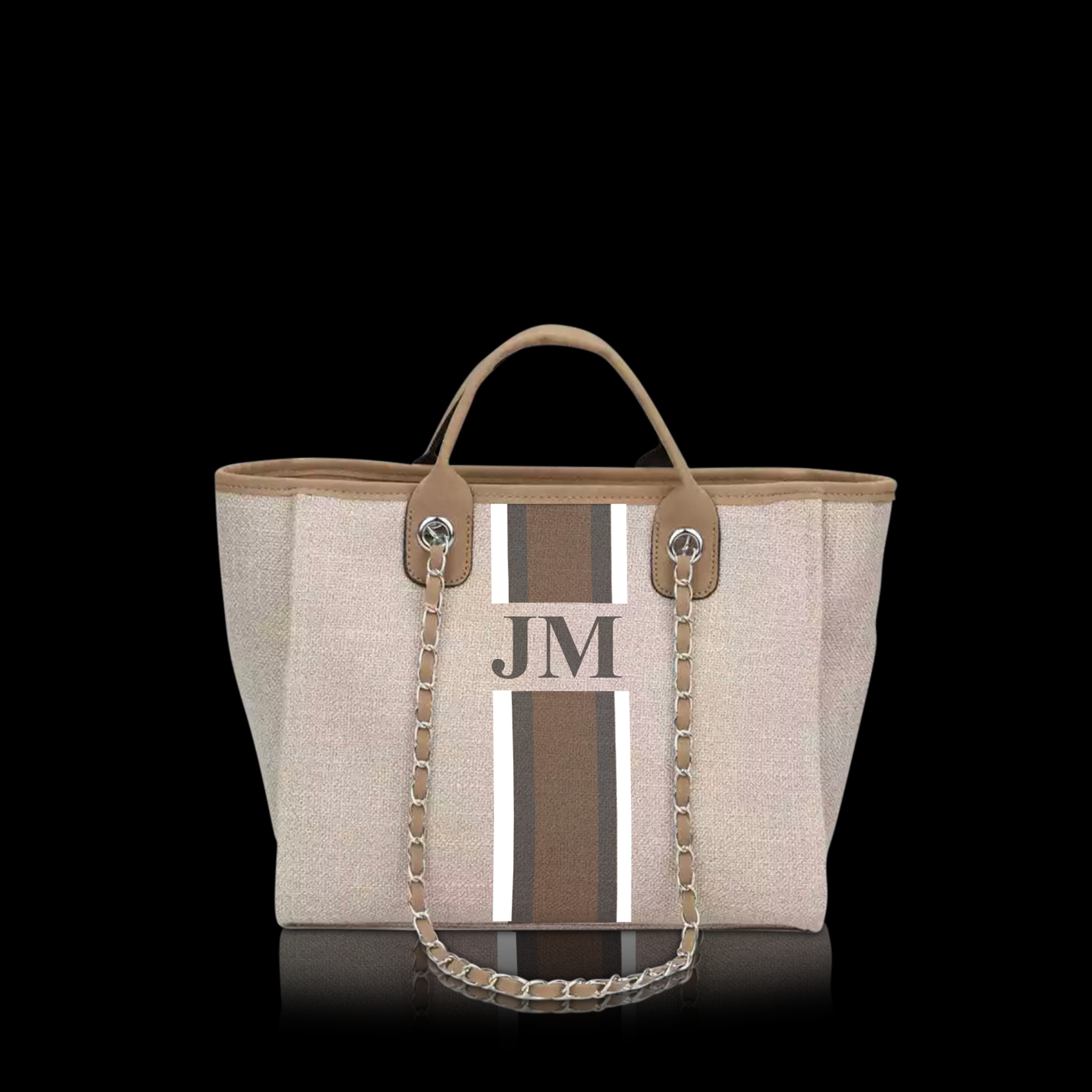 The Lily Medium Canvas Tote Bag Soft Fawn White, Grey and Beige Stripe | Lily and Bean