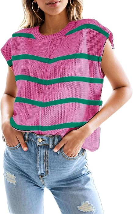 Womens Tops Cap Sleeve Striped Knit Tank Top Loose Fit Sweater Vest 2026 Spring Summer Outfits Pu... | Amazon (US)