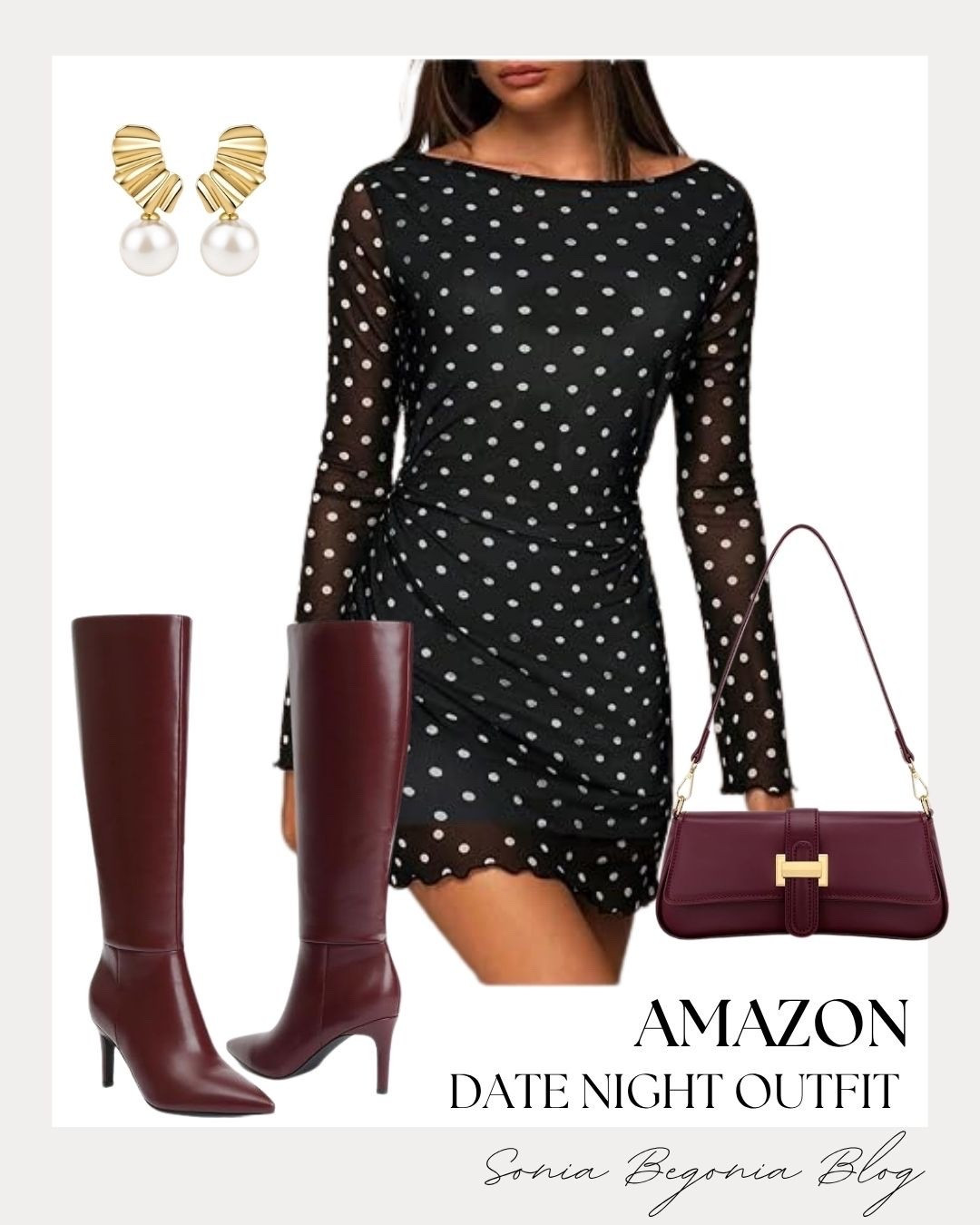 I put together this chic date night look! 🖤

I styled a black polka dot sheer mesh mini dress with deep burgundy knee-high leather boots, a matching shoulder bag, and gold fan pearl earrings. Chic, modern, and effortless!✨

#AmazonFashion #DateNightOutfit #AmazonFinds #LTKfashion #FallStyle #PolkaDots #BurgundyBoots #OutfitInspo #LTKunder100 #NightOutLook #StyleInspo

#LTKootd #LTKSeasonal