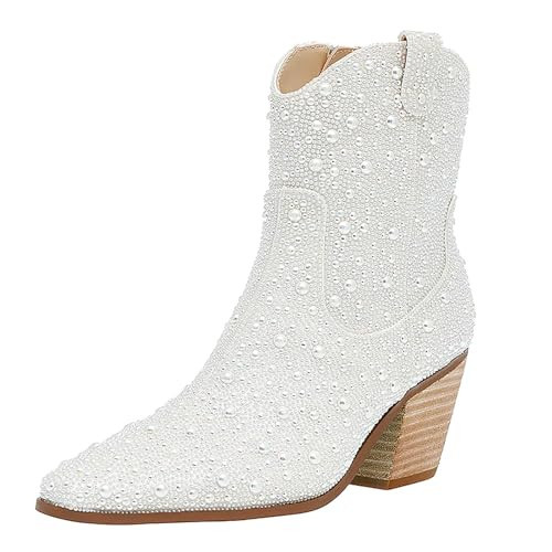 MUCCCUTE White Cowboy Boots for Women Cowgirl Rhinestone Sparkly Glitter Bling Pointed Toe Chunky Heel Pull On Ankle Booties Party Wedding Size 9.5 | Amazon (US)