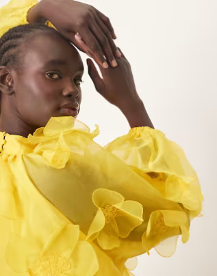 ARRANGE organza applique floral high neck trapeze mini dress in yellow | ASOS (Global)