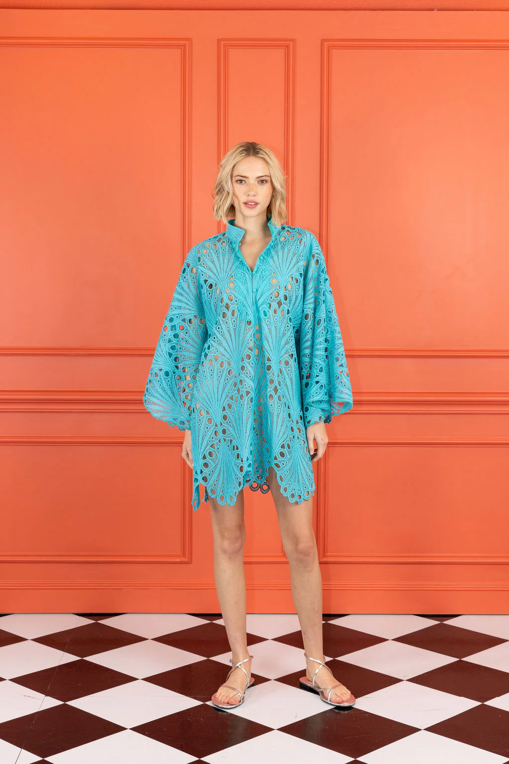 turquoise shell lace mini caftan | La Vie Style House