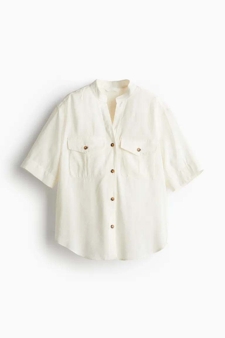 Utility-Bluse aus Modalmix - V-Ausschnitt - Langarm - Cremefarben - Ladies | H&M DE | H&M (DE, AT, CH, NL, FI)
