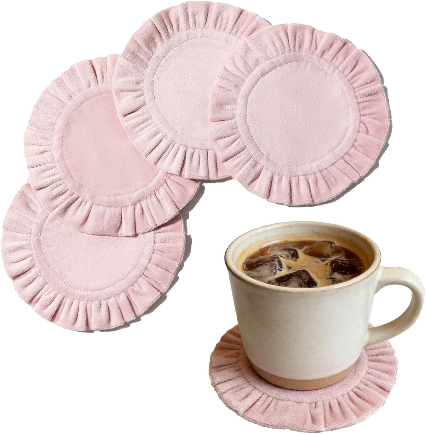 5 Inch Round Ruffle Velvet Coaster, Tabletop Protection, Coffee Table & Bar Decoration, Drink Coasters Suitable for Home Dining Tables & Kitchen Accessories Set of 4, Pink | Amazon (US)