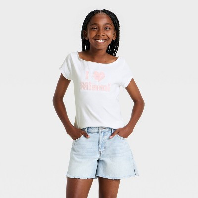 Girls' Boatneck Graphic Short Sleeve T-Shirt - art class™ White/Pink L | Target