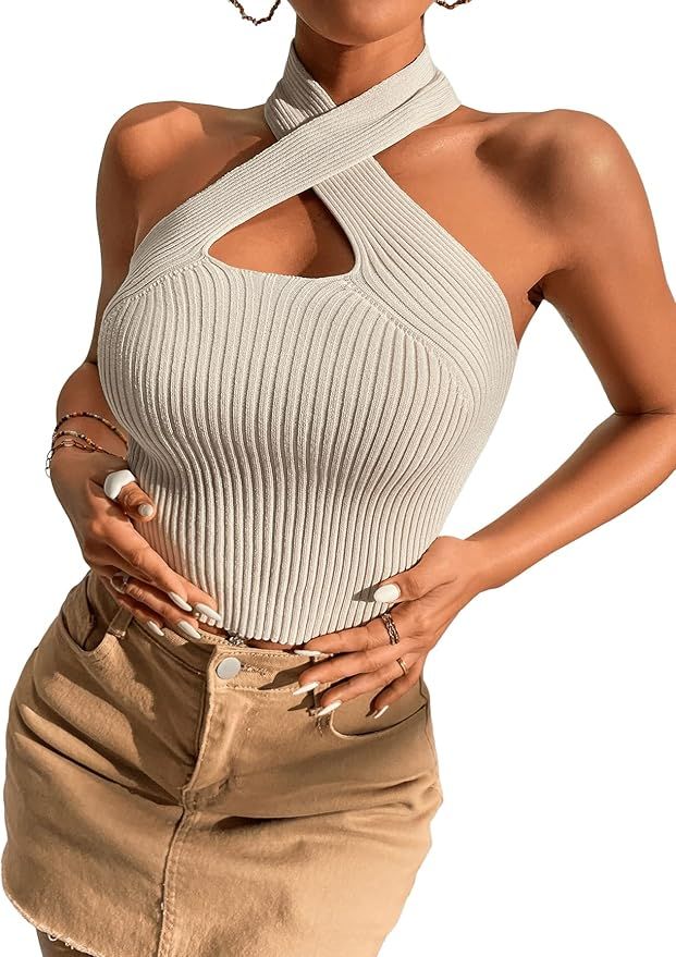SweatyRocks Women's Criss Cross Cut Out Halter Tank Top Ribbed Knit Vest Cami Tops | Amazon (US)